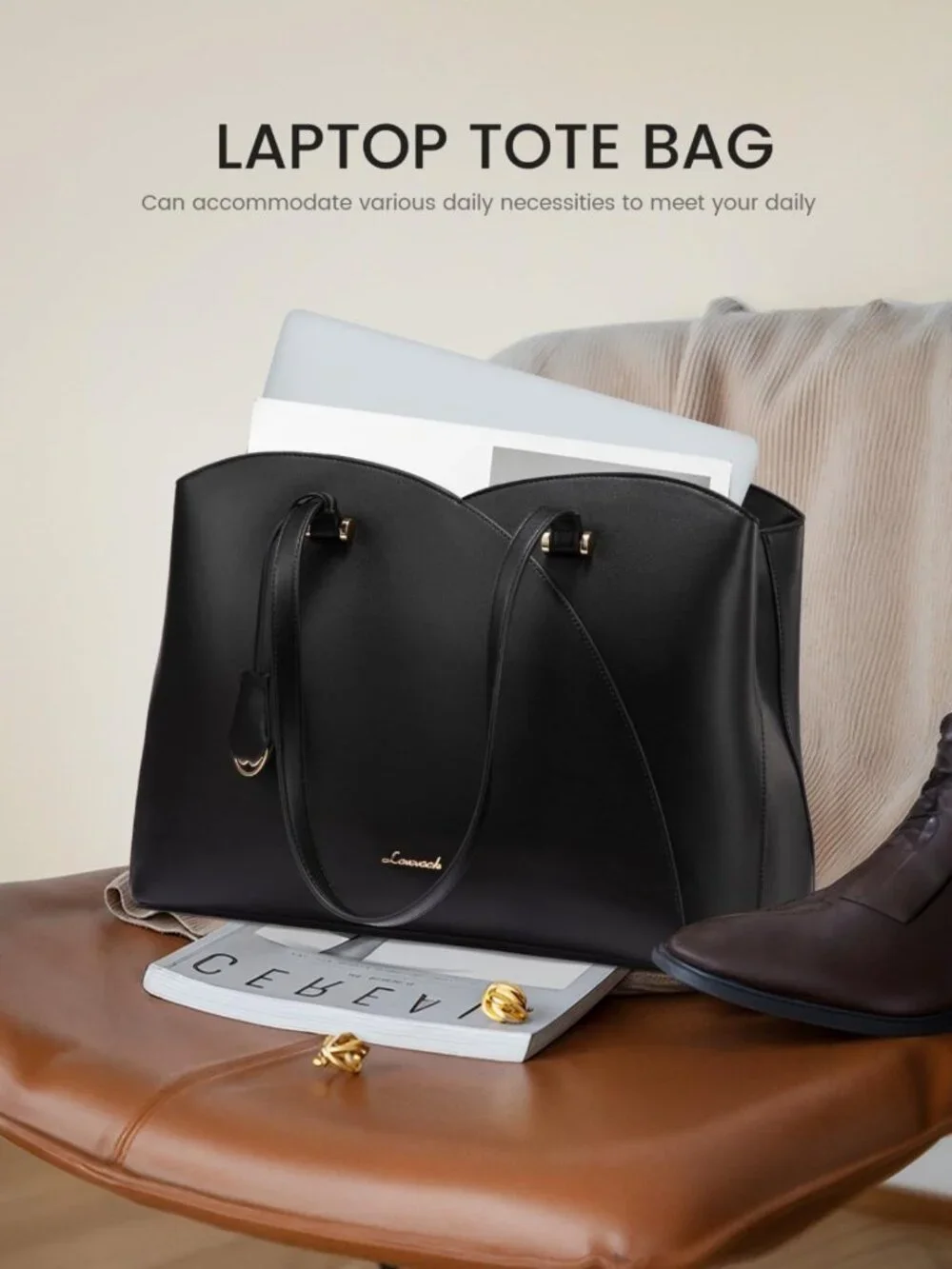 Stylish Black Laptop Tote Bag for Women - Large Work Bag, Teacher Briefcase